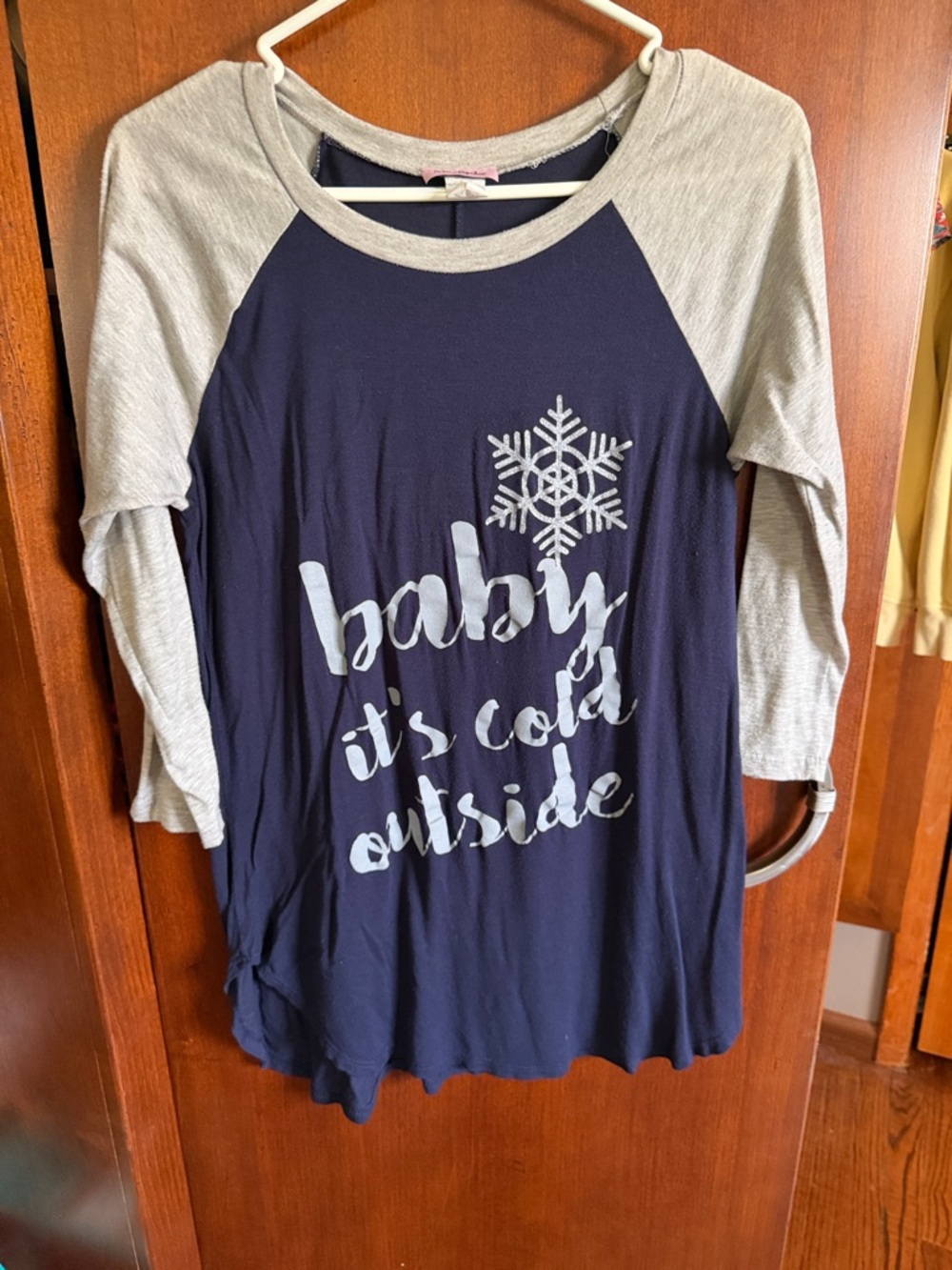 Women's Navy and Light Gray Raglan 3/4 Sleeve Tee - 'Baby It's Cold Outside'